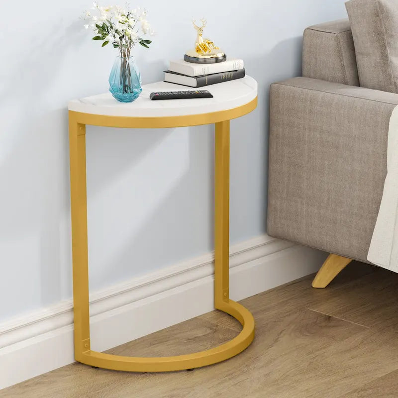 Table d'appoint demi-ronde, table d'appoint étroite, table basse en C mince avec cadre en métal