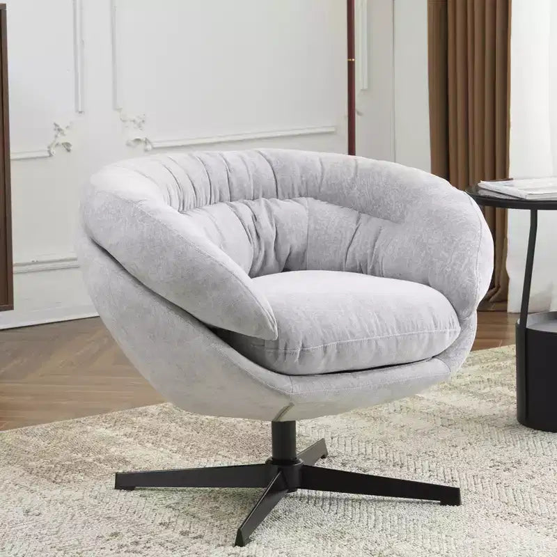 Fauteuil Okak, Fauteuil de bureau moderne en chenille, Fauteuil pivotant avec coussin amovible, Fauteuil de bureau rond, Base en métal et matériau en coton
