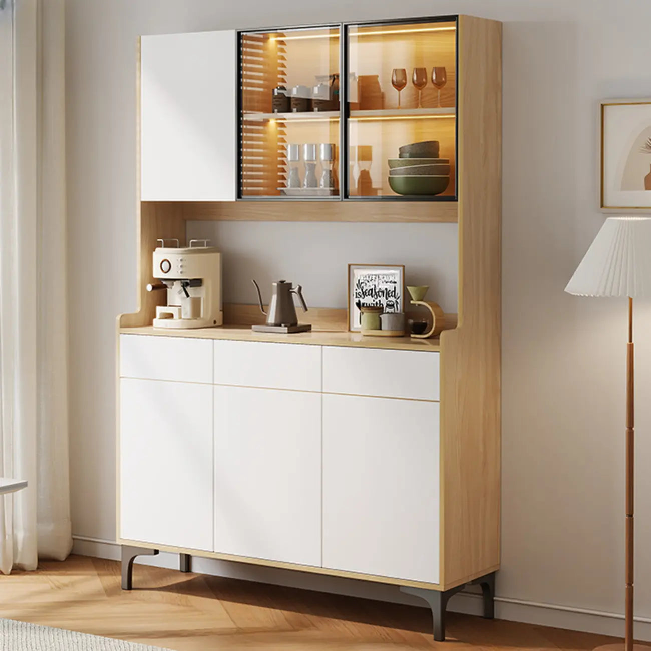 Buffet vaisselier en bois et verre avec partie haute