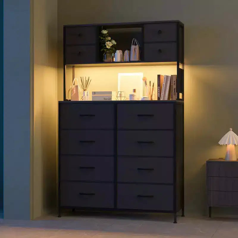 Commode de chambre, commode en tissu à 12 tiroirs, étagères ouvertes, plateau en bois et cadre en métal pour chambre à coucher, couloir ou salon