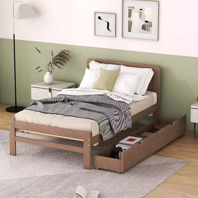 Lit plateforme double Acekool avec 2 tiroirs de rangement gigognes, tête de lit, cadre robuste, aucun sommier tapissier requis, gain de place pour chambre d'enfants ou d'amis
