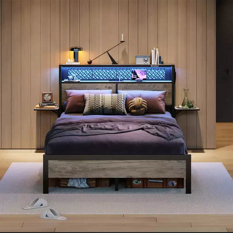 Cadre de lit Bestier Queen/Full en tissu, plateforme de lit LED, tête de lit de rangement avec étagères pliantes et station de charge