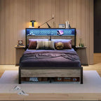 Cadre de lit Bestier Queen/Full en tissu, plateforme de lit LED, tête de lit de rangement avec étagères pliantes et station de charge