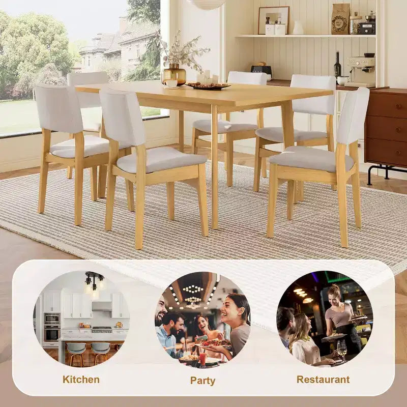 Ensemble de salle à manger moderne 7 pièces avec table en bois massif de 152 cm et 6 chaises empilables