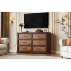 Commode de ferme à 6 tiroirs, commode rustique en bois avec poignées en métal, grande commode de rangement pour meuble TV pour salon, chambre d'enfant, chambre à coucher
