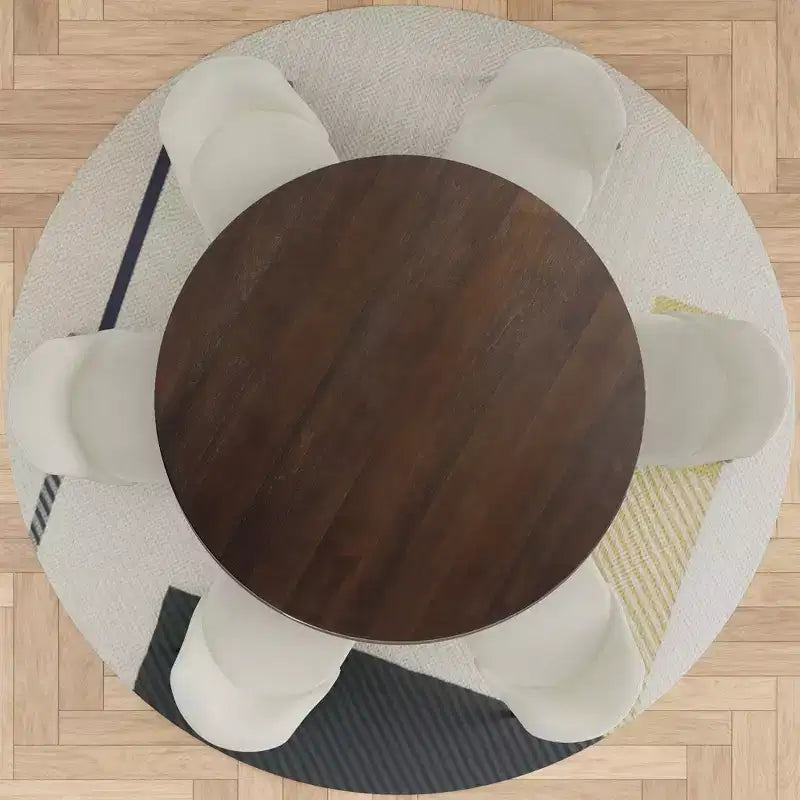 Ensemble table à manger ronde moderne PexFix 52 avec 6 chaises rembourrées Plateau en bois texturé noyer Base plissée Piètement Sièges beiges pour cuisine salle à manger