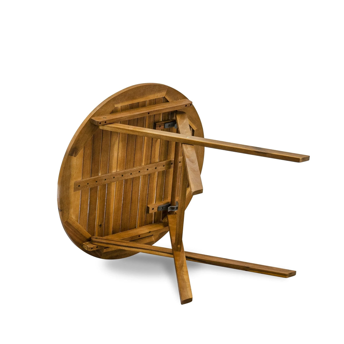 East West Furniture Ensemble Bistro de conversation d'extérieur comprenant une table basse ronde en bois et 2 chaises pliantes, Huile naturelle