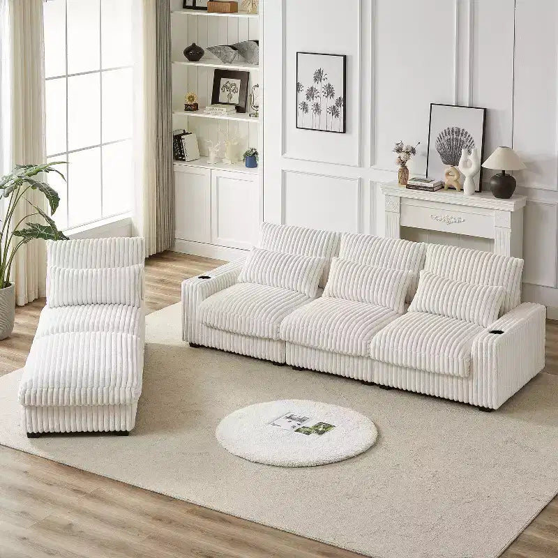Canapé en velours côtelé de 320 cm avec porte-gobelet, très grand canapé d'angle en L, repose-pieds mobile