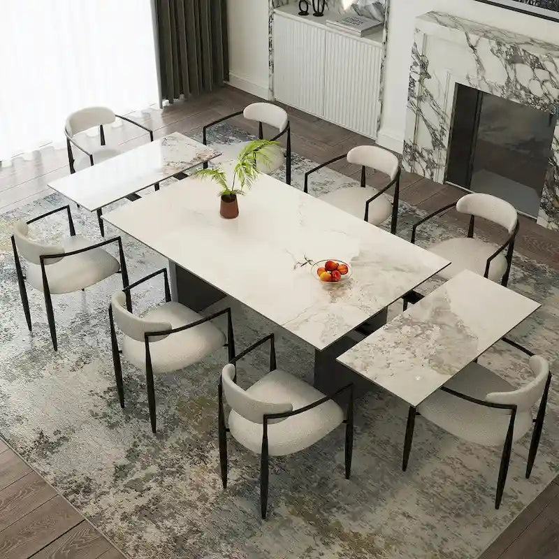 Ensemble de salle à manger extensible moderne et minimaliste 9 pièces 94.48 avec plateau en pierre frittée et double piédestal, avec 8 chaises en tissu