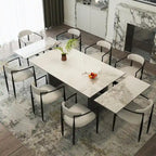 Ensemble de salle à manger extensible moderne et minimaliste 9 pièces 94.48 avec plateau en pierre frittée et double piédestal, avec 8 chaises en tissu