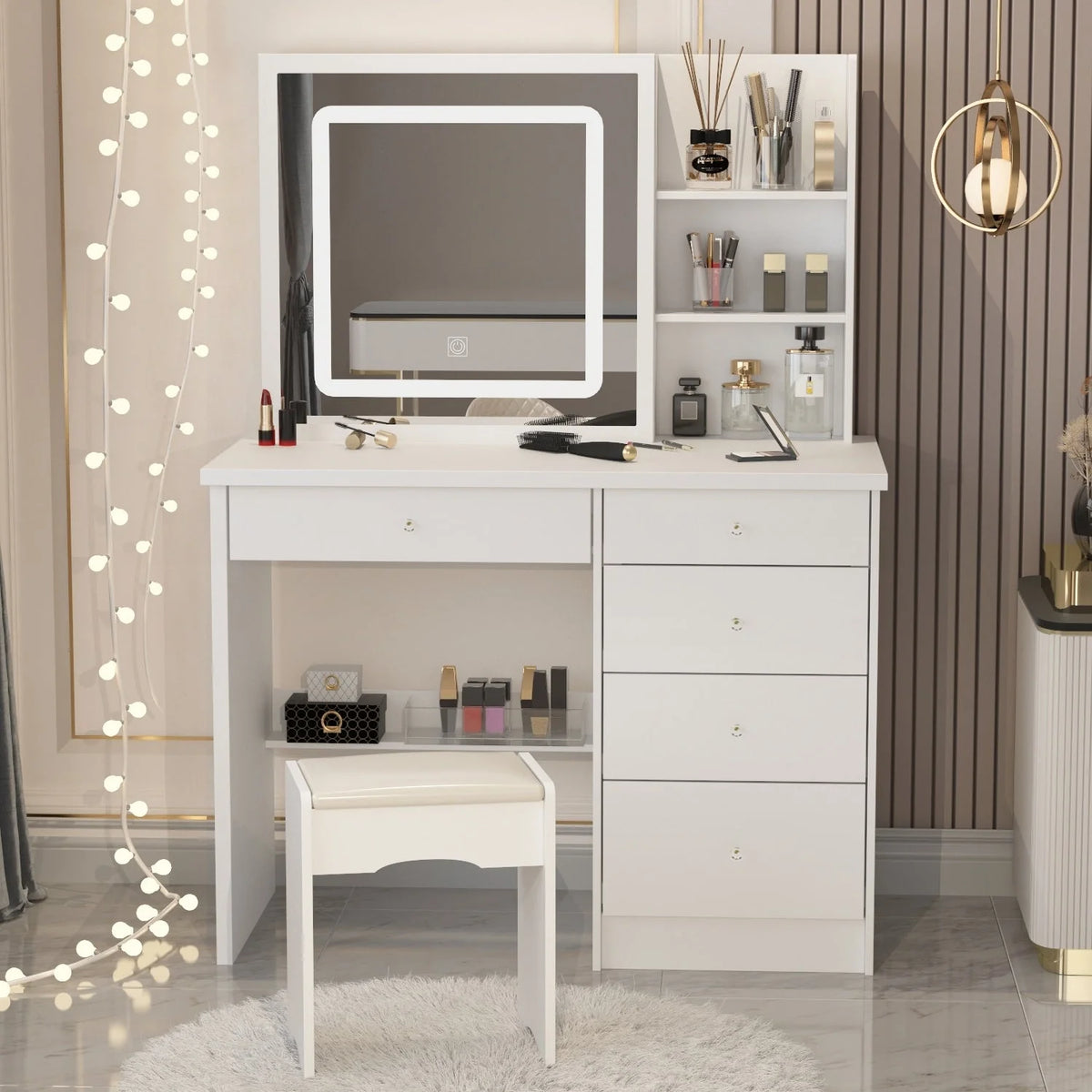 Coiffeuse de 99 cm de large avec tabouret et miroir