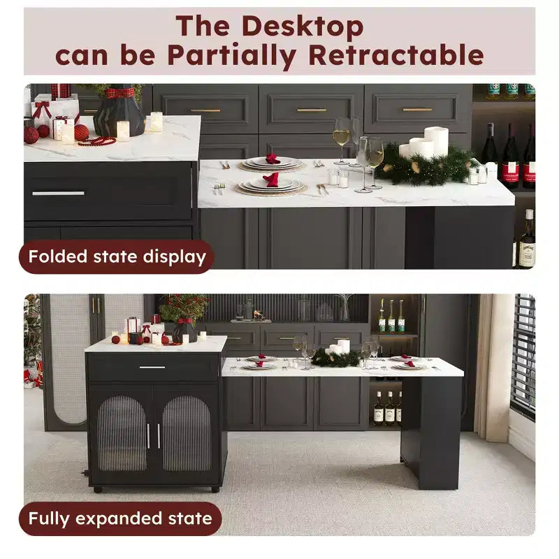 Îlot de cuisine avec table à manger, comptoir effet grain de bois avec prise de courant, desserte de rangement mobile avec armoire et 2 tiroirs, table de préparation de cuisine