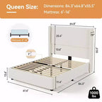 Lit plateforme capitonné Queen avec tête de lit à oreilles de 141 cm, support silencieux à lattes en bois, pas besoin de sommier tapissier
