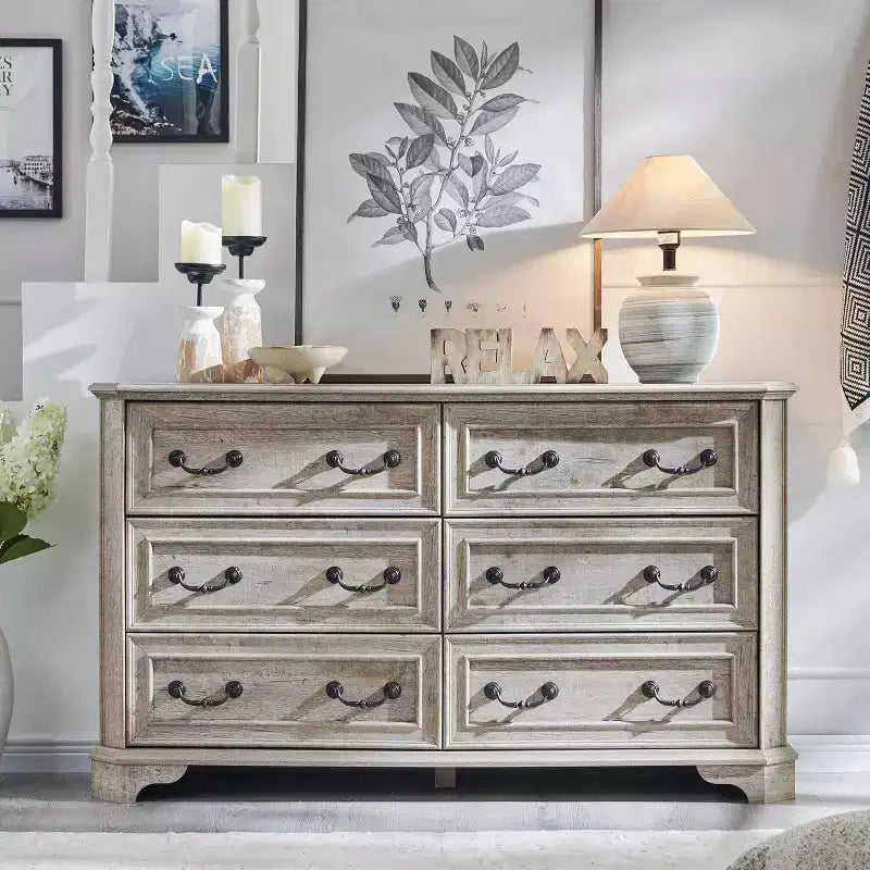 Commode à 6 tiroirs SinCiDo pour chambre à coucher, commode rustique en bois de style ferme, commode vintage de 54 po de largeur pour salon