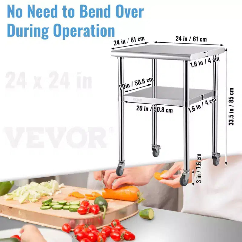 Table de préparation en acier inoxydable VEVOR, 61 x 61 x 91,4 cm, capacité de charge de 272 kg, table de travail en métal robuste avec étagère inférieure réglable