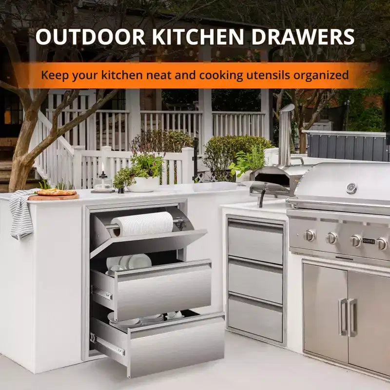 Tiroirs de cuisine d'extérieur COZONY en acier inoxydable avec porte-serviettes en papier, tiroirs d'accès pour barbecue encastrables pour rangement de patio de station de grillade
