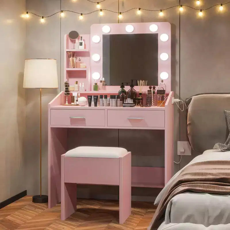 Coiffeuse de Maquillage avec Lumières, Bureau de Maquillage avec Miroir et Lumières, Grand Tiroir et Armoire de Rangement à Deux Étages, 3 Modes d'Éclairage