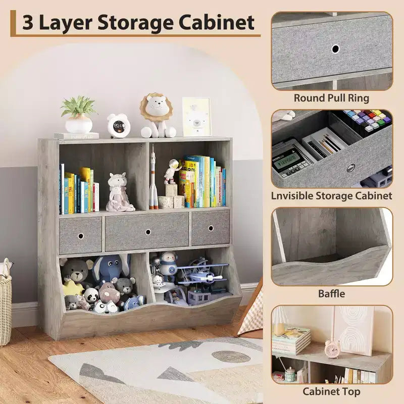 Étagère pour enfants, coffre à jouets de rangement à 3 niveaux, coffre de rangement multifonctionnel pour chambre d'enfant, chambre à coucher, école