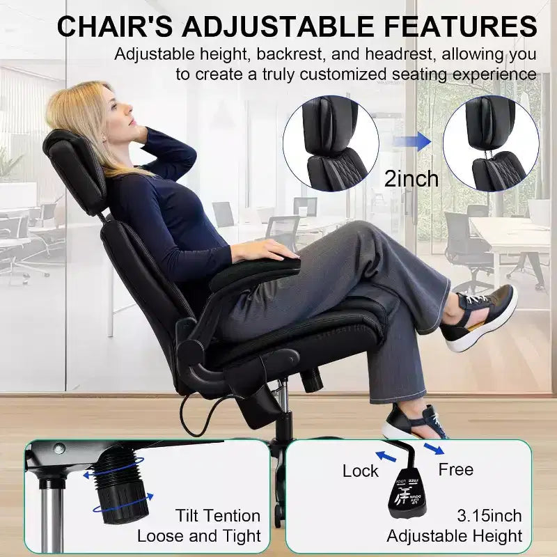 Chaise de bureau ergonomique HOFFREE 200 kg Chaise de bureau en similicuir Dossier haut Appui-tête réglable Accoudoirs rabattables Chaise d'ordinateur