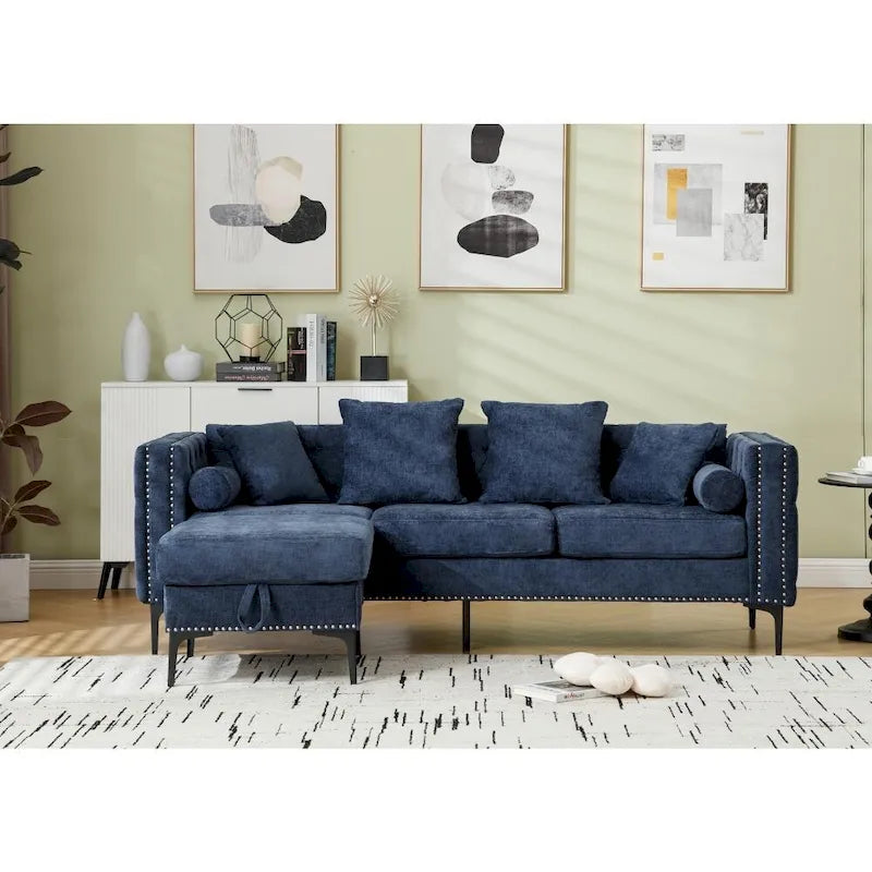 Canapé sectionnel convertible moderne en forme de L en chenille capitonnée
