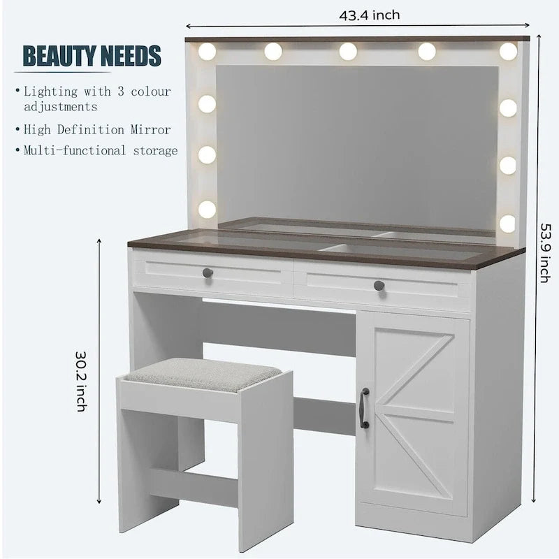 Coiffeuse de ferme Roomfitters avec lumières, coiffeuse avec porte coulissante, table de maquillage à 2 tiroirs avec miroir éclairé