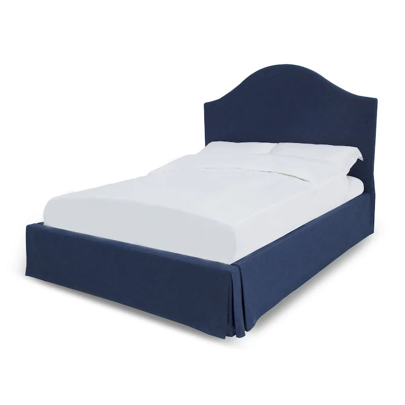 Lit coffre capitonné avec jupe en tissu, couleur marine