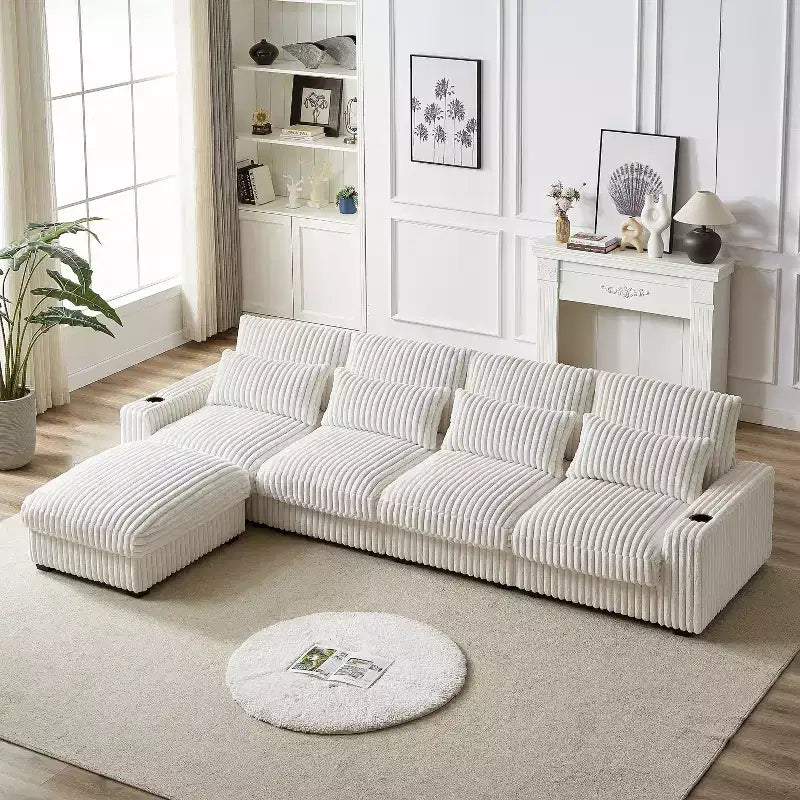 Canapé en velours côtelé de 320 cm avec porte-gobelet, très grand canapé d'angle en L, repose-pieds mobile