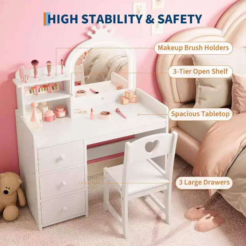 Coiffeuse avec miroir et lumières pour petites filles, ensemble de coiffeuse avec tiroirs et étagères de rangement ouvertes, table de toilette en bois pour chambre à coucher