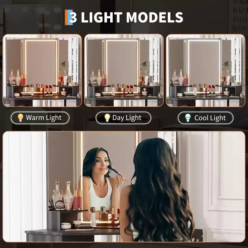 Coiffeuse d'angle avec miroir triptyque, station de charge, armoire de rangement, sac de rangement et tabouret, coiffeuse d'angle compacte pour chambre à coucher