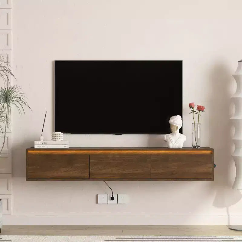 JVNOXK Meuble TV flottant mural de 162,5 cm en bois avec éclairage LED et prise de courant, finition brillante, idéal pour les salons. Ton bois.