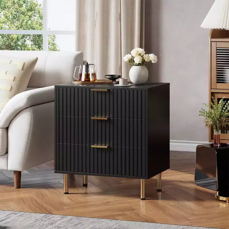 Commode à 3 tiroirs pour chambre à coucher, commode cannelée avec grands tiroirs et pieds dorés robustes, commodes et chiffonniers pour chambre à coucher, salon
