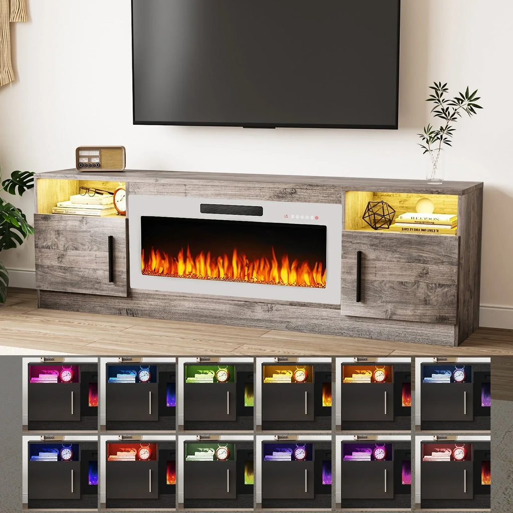 Meuble TV cheminée Bossin 70 avec cheminée électrique 36, meuble TV pour téléviseurs jusqu'à 80 pouces, lumières LED 16 couleurs/centre de divertissement