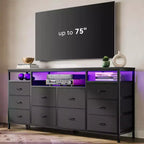 Commode noire de 160 cm pour chambre à coucher, commode à 10 tiroirs, meuble TV pour téléviseur de 65, 70, 75 pouces, commode en tissu avec lumières LED et prises de courant