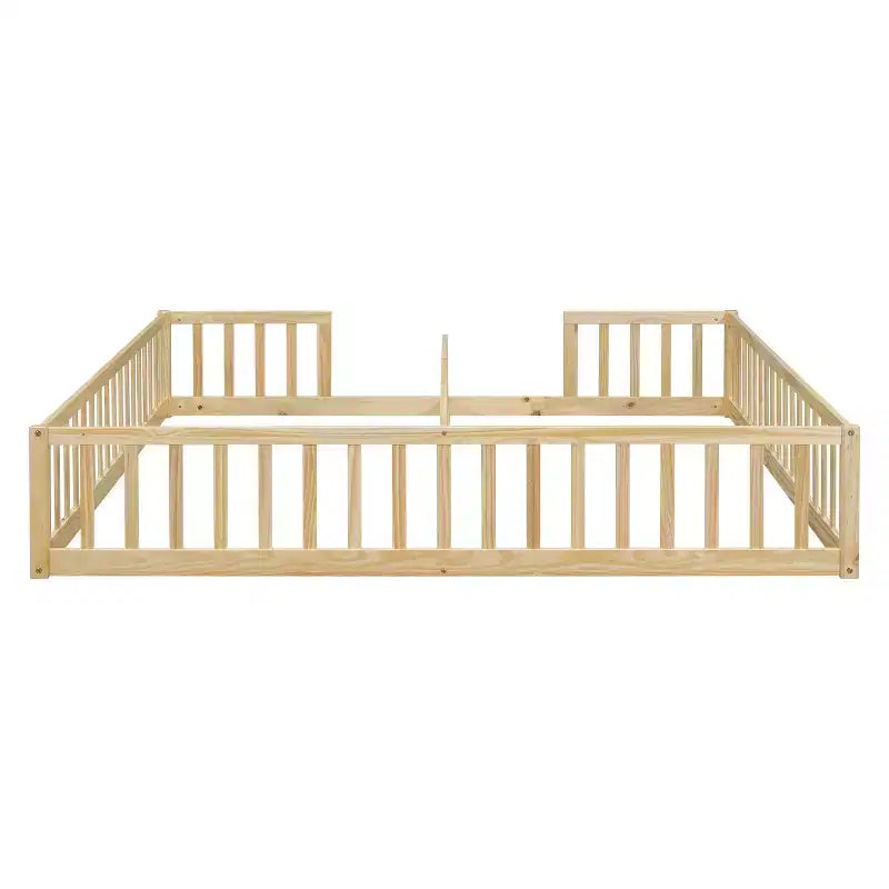 Lit double Bellemave avec barrières de sécurité, en pin et bois composite, naturel et gris, sûr, robuste, peu encombrant, assemblage facile pour enfants
