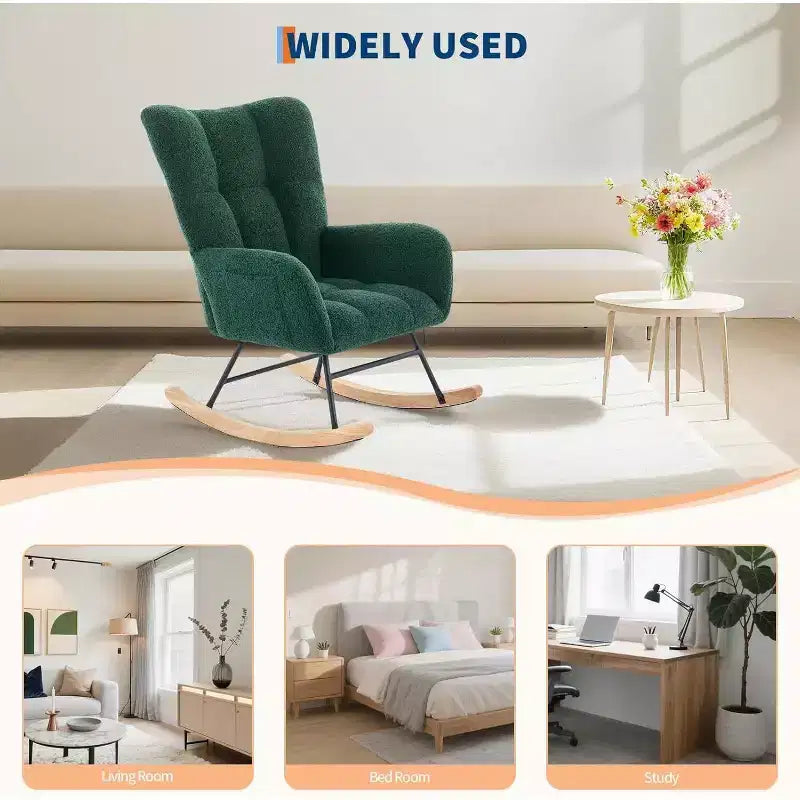 Fauteuil à bascule Teddy avec oreiller et dossier haut, fauteuil d'appoint rembourré en tissu pour chambre d'enfant, salon, chambre à coucher