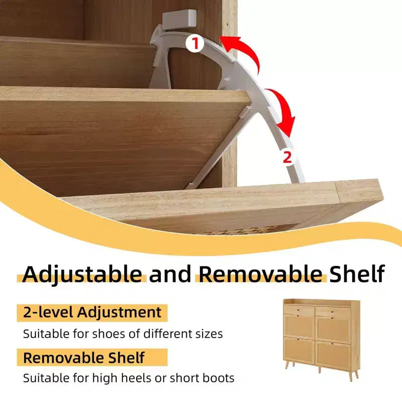 Coolmee Meuble à Chaussures en Rotin avec 4 Tiroirs Rabattables et 2 Tiroirs pour Entrée, Meuble de Rangement à Chaussures Étroit, Organisateur de Chaussures Caché pour Entrée