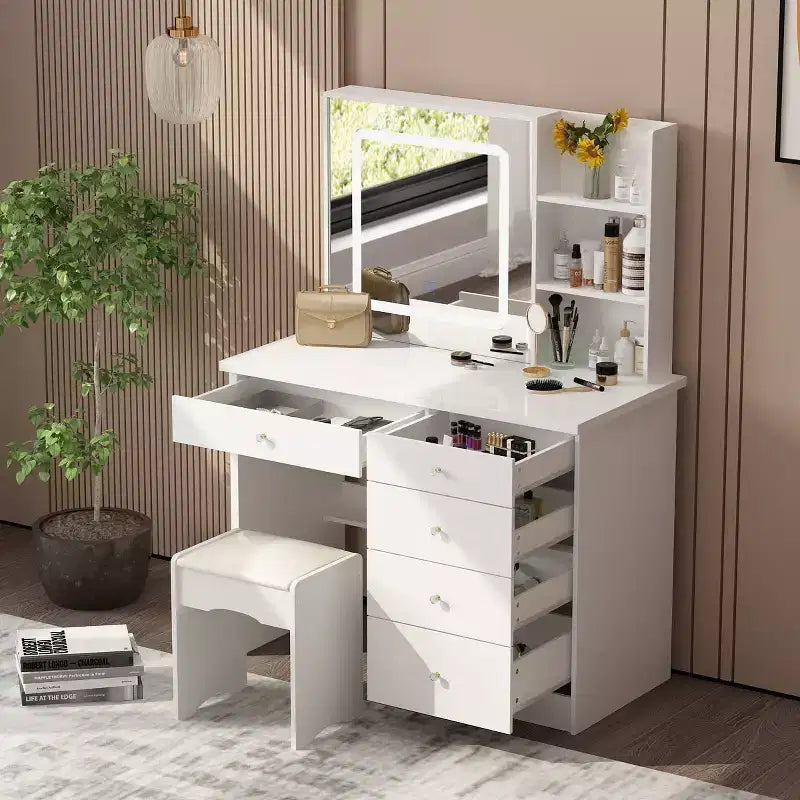 Famapy 39,4W Coiffeuse Miroir avec Tabouret et Tiroirs de Rangement