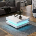 Table basse design minimaliste laqué brillant avec lumières LED, 2 niveaux, carrée, 80x80x36cm, blanche