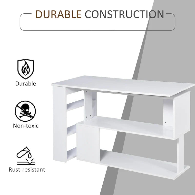 Bureau d'angle en L rotatif à 360° HOMCOM : Blanc, avec étagères de rangement