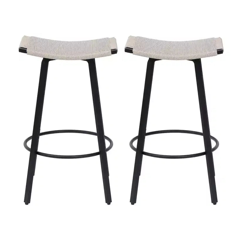 MAYEERTY Lot de 2 tabourets de bar sans dossier hauteur comptoir, PVC tressé, repose-pieds rond, utilisation intérieure/extérieure Noir Blanc Crème