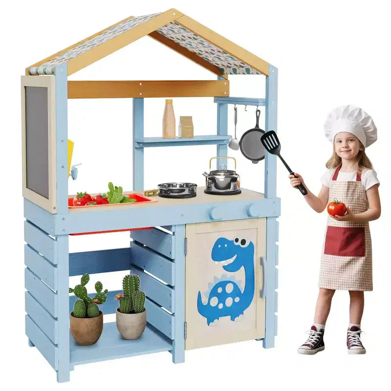 Cuisine en bois d'extérieur pour enfants, avec auvent, robinet, évier, tableau noir, crochets de suspension, cadeau pour garçons et filles de 3 ans et plus