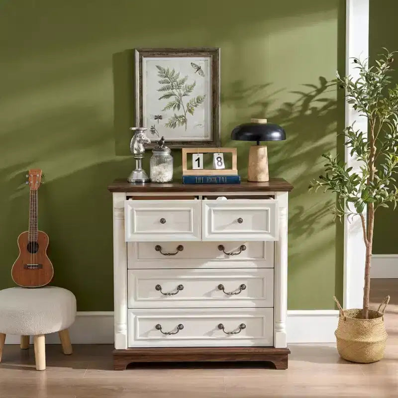 JVNOXK Commode à cinq tiroirs en bois de style rustique de 31 pouces avec base, armoire de rangement pour chambre ou salon, élégante, robuste, durable, noyer