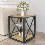 Lot de 2 tables d'appoint modernes avec tiroir - Tables de chevet en MDF grain de bois rustique et plateau en verre trempé pour chambre et salon