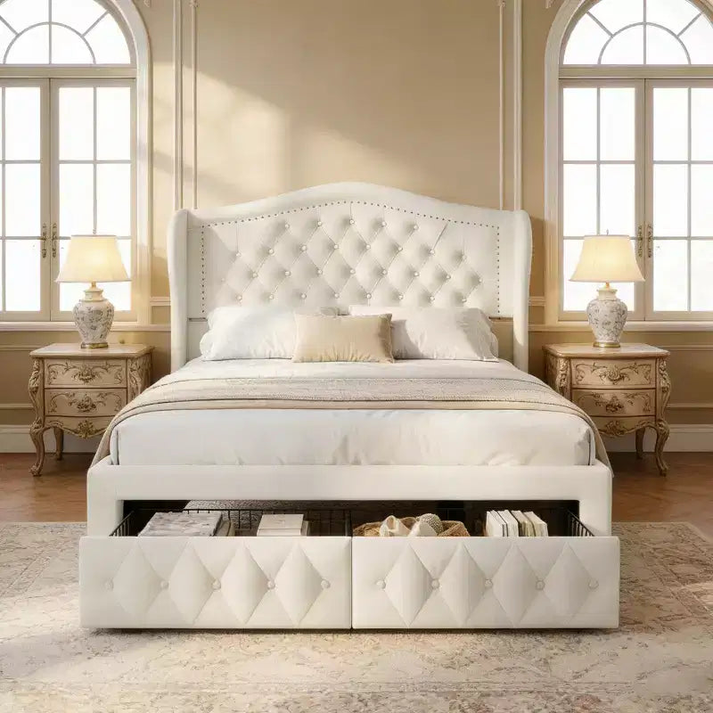 Cadre de lit plateforme Dyonery Queen Size, lit rembourré en velours avec tête de lit capitonnée à boutons profonds et ailes cloutées / Aucun sommier tapissier requis