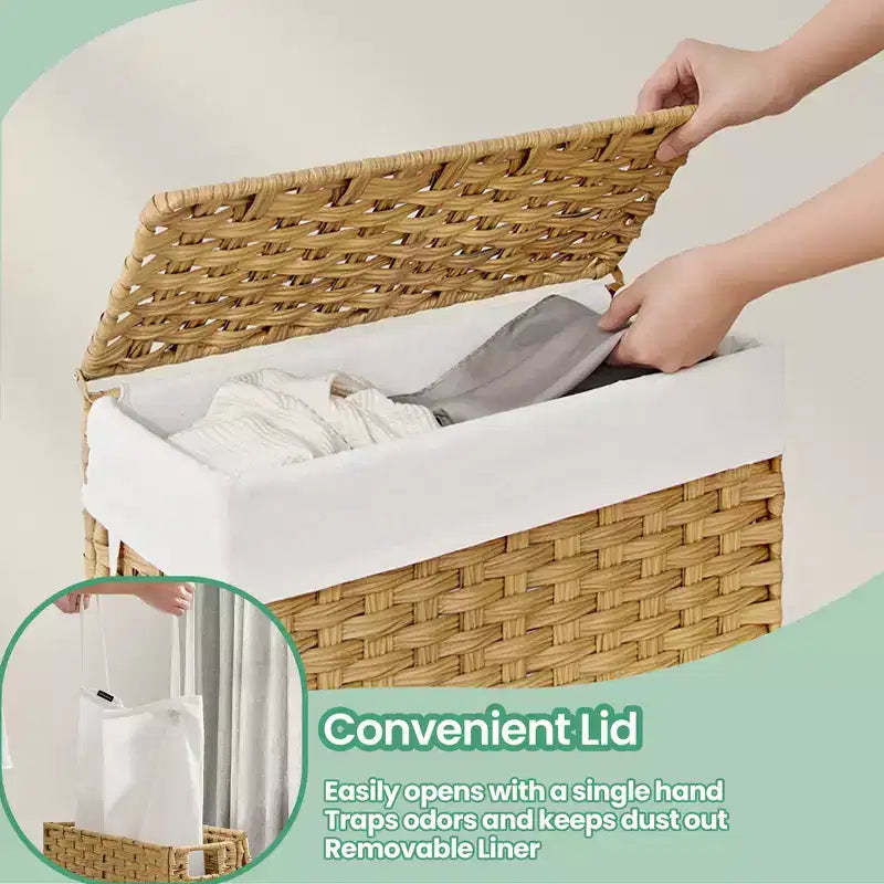 Panier à linge fin de 55 litres avec couvercle, en rotin, pliable, avec couvercle et poignées, doublure amovible