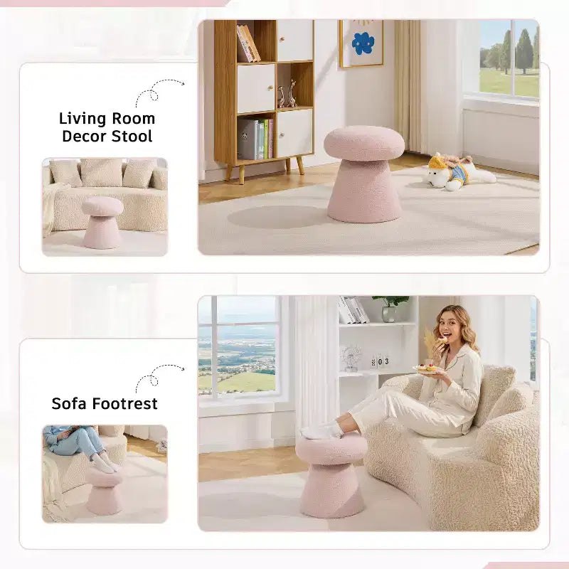 GDFStudio Becka Pouf Ottoman Pivotant en Tissu Teddy en Forme de Champignon avec Cadre en Bois