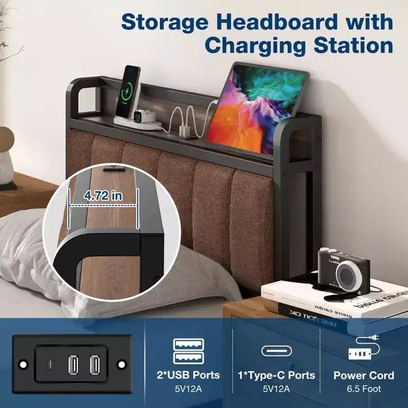 Lusimo Cadre de lit Twin XL, Lit plateforme rembourré avec tête de lit de rangement et station de charge