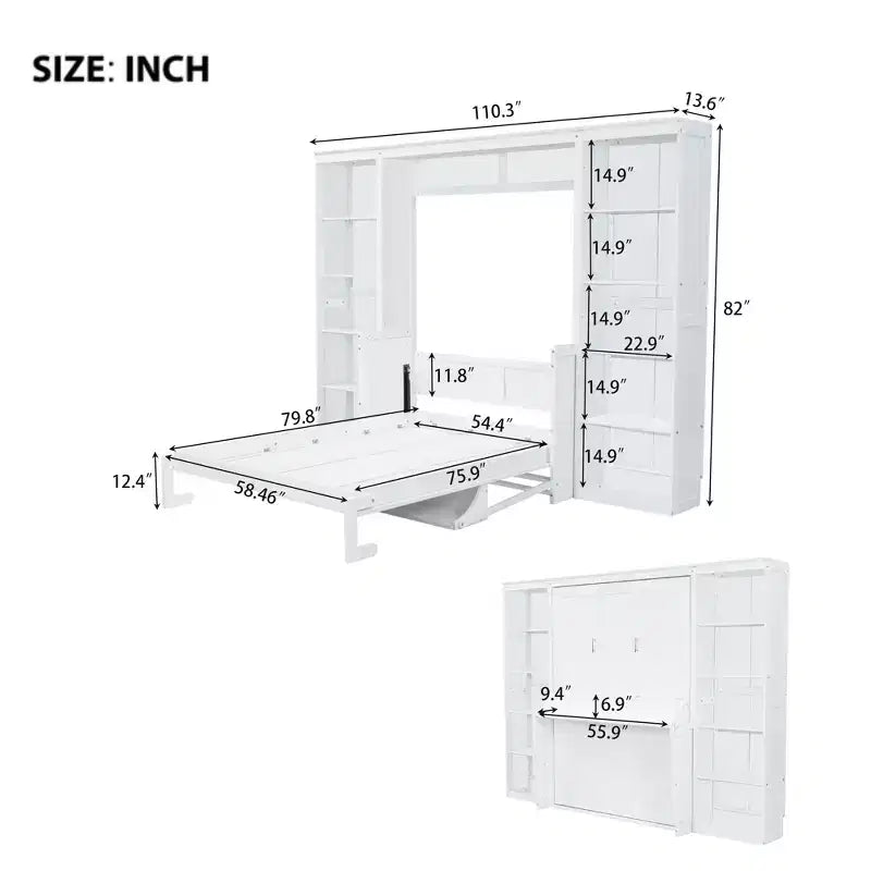 Lit escamotable en bois Queen/Grand avec bureau et étagères de rangement, blanc -ModernLuxe