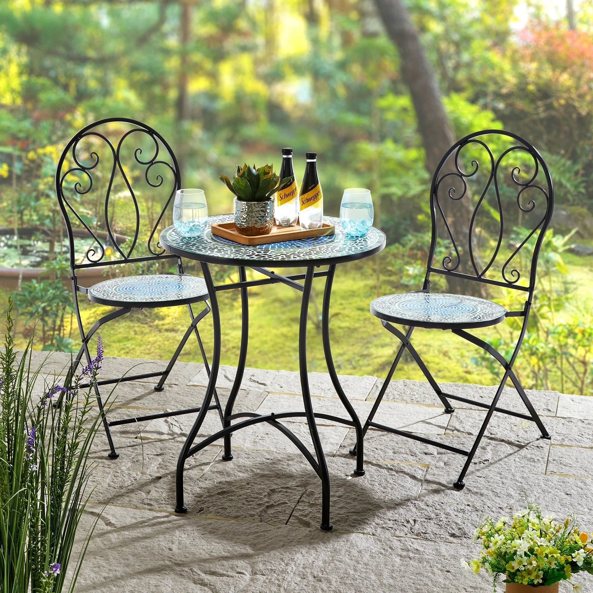 Ensemble bistrot pliant en métal Glitzhome pour extérieur, 3 pièces, table et chaises de patio