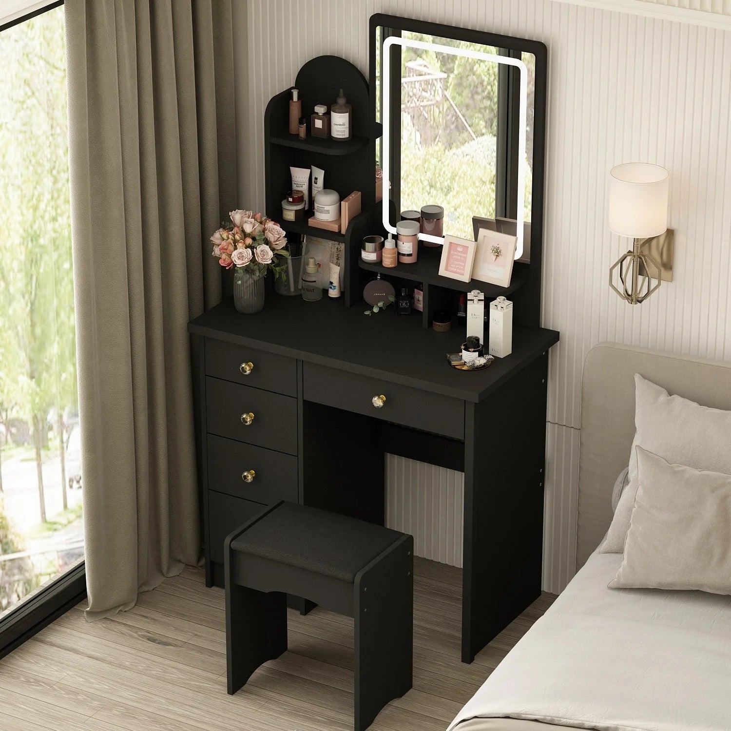 Coiffeuse avec miroir LED intégré et tabouret